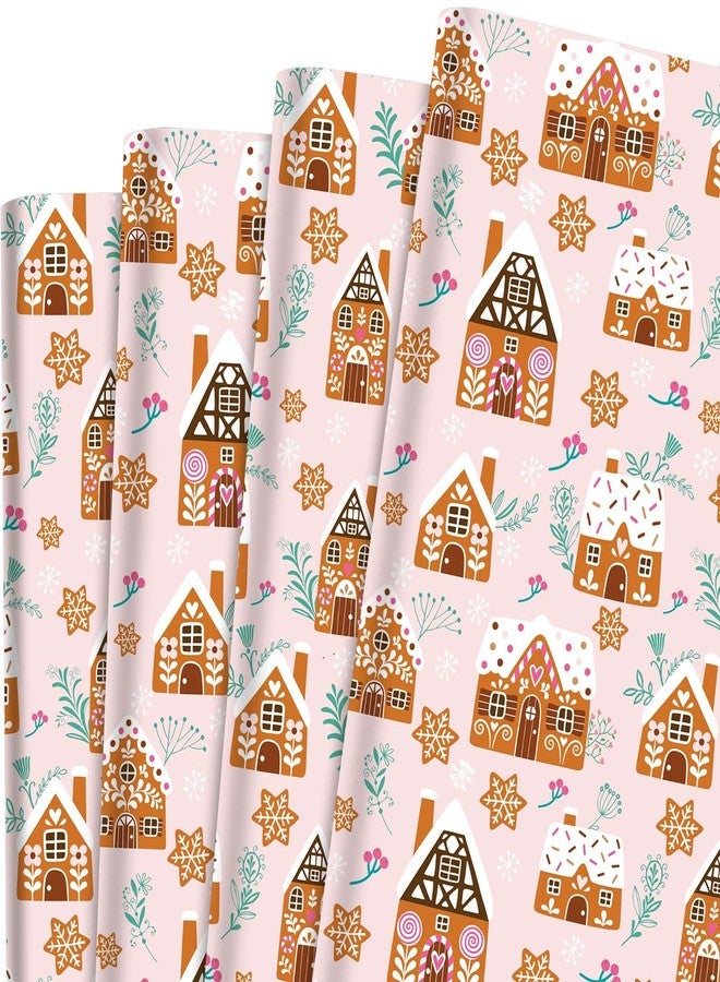 Bolsome 12 Sheets Christmas Wrapping Paper Pink Gingerbread House Snowflake Folded Flat Gift Wrap Paper for Winter Christmas DIY Crafts Gift Wrapping, 20" x 28" (Gingerbread House) - Image 1